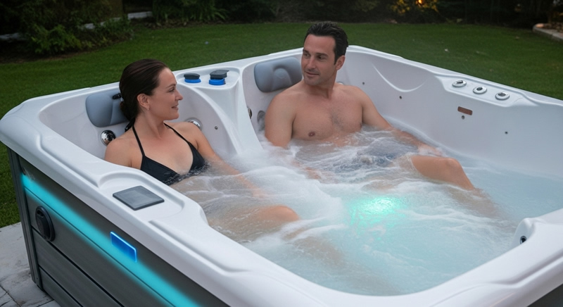 Reef Spas Palau couple relaxing in hot tub